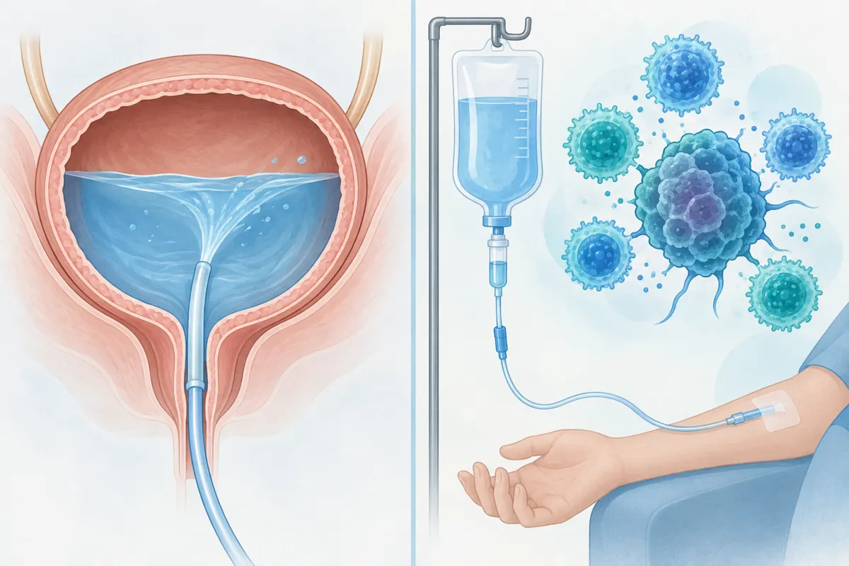 Schemat podania roztworu przez cewnik do pęcherza oraz podania dożylnego immunoterapii.